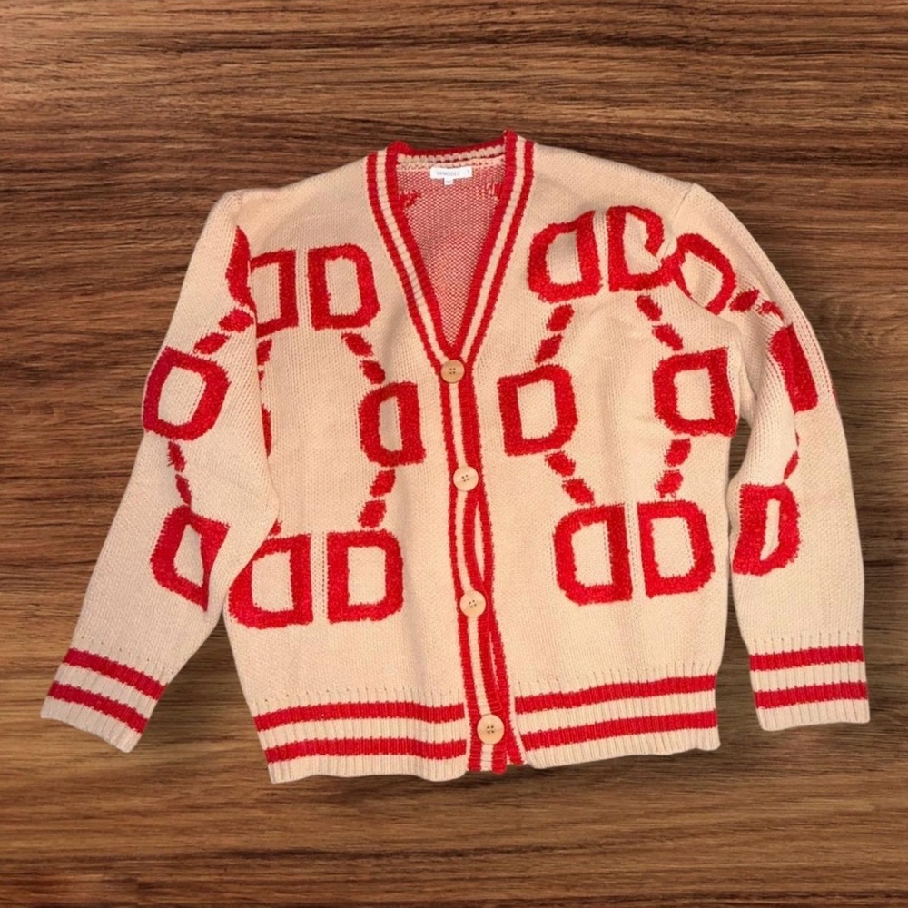 Immodel Cardigan Sweater Size L Red‎ Cream Pattern Button Front Cozy Chic - Picture 4 of 6